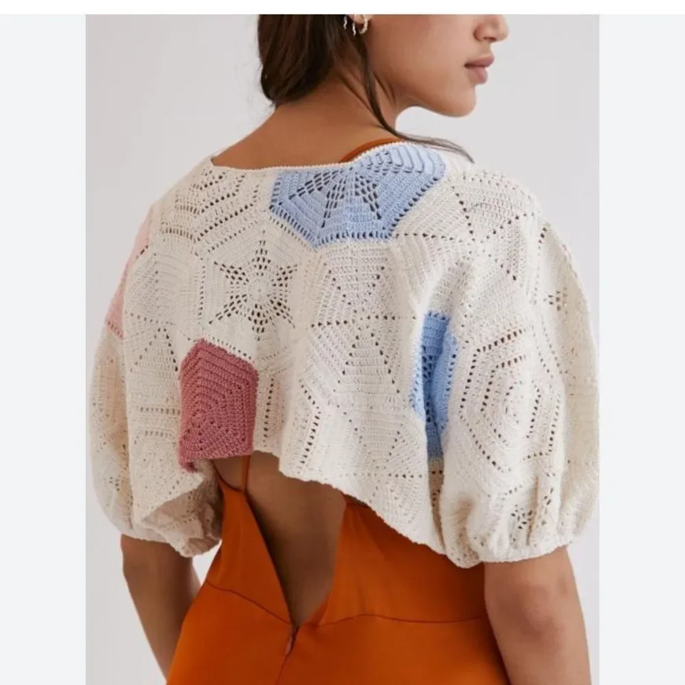 Anna K Crochet Cape Style Cardigan Short Sleeve Top size os
